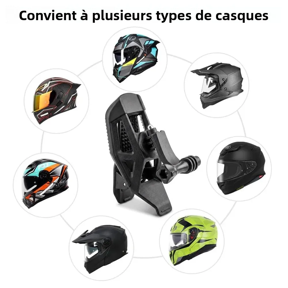 Support de casque universel pour GoPro, Osmo et Insta360 installé sur un casque, angle avant