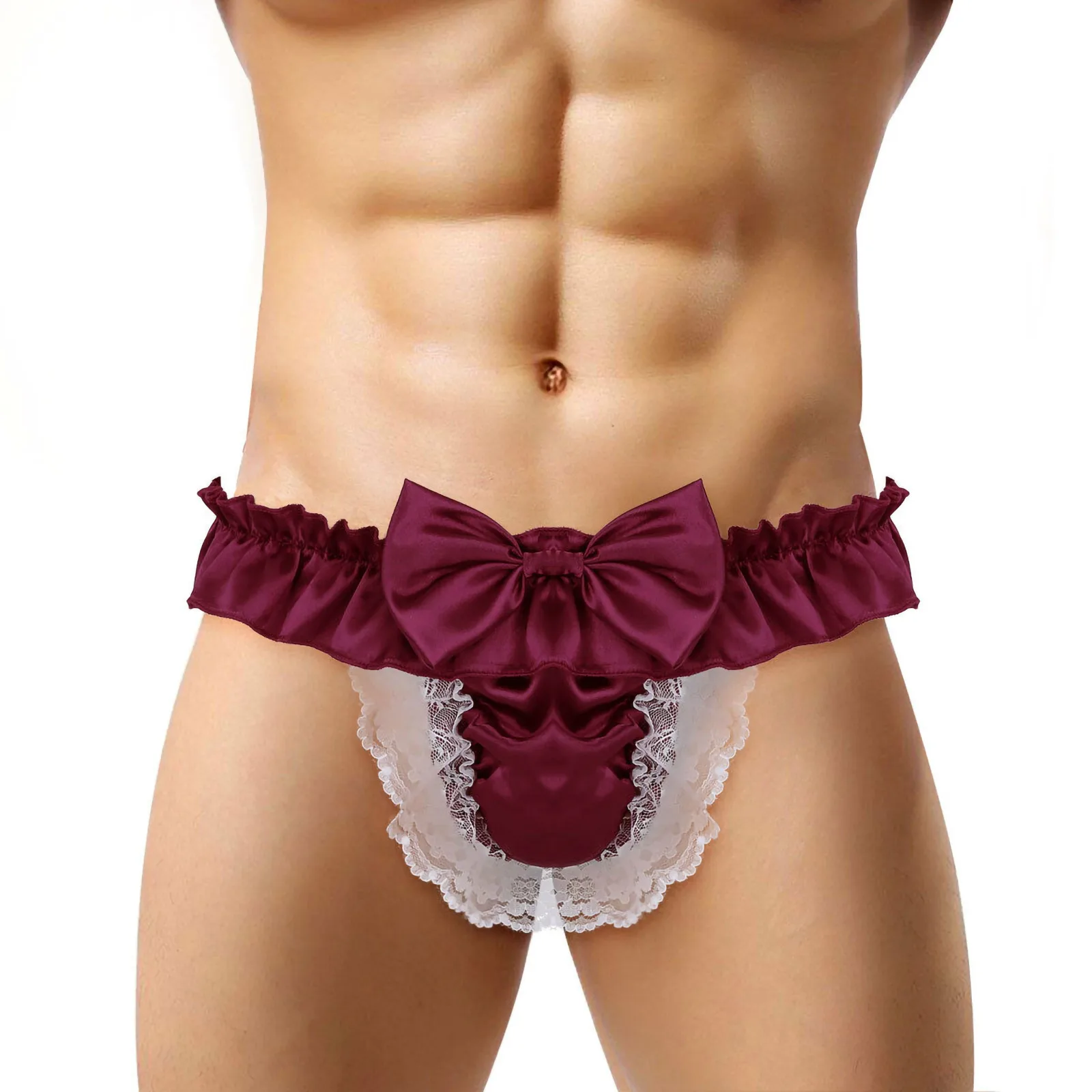 Mens Lingerie Night Gay Male Panties Open Butt Wetlook Jockstraps Sexy Bowknot Sissy Satin Open Crotch Briefs Underwear for Man
