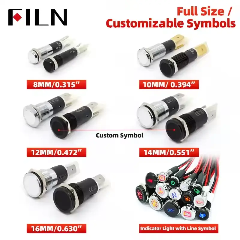 FILN 8/10/12/14/16mm Symbol Metal LED Indicator light 2-Pin 12V 24V Black shell Indicator Lamp Car Dashboard pilot Lights - Image 4