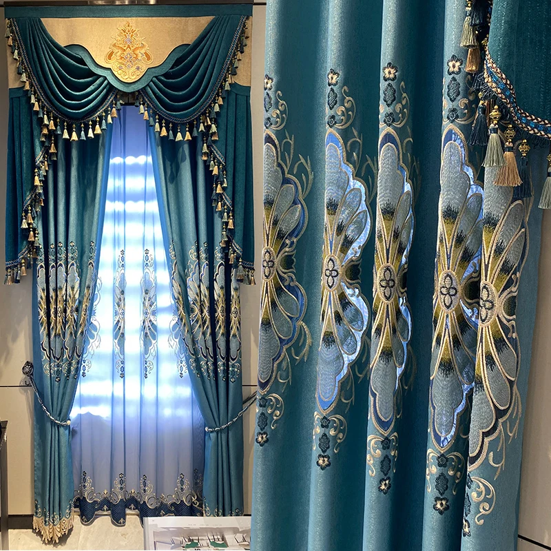 

Custom curtain luxury European hollowed out embroidery living room villa blue cloth blackout curtain tulle valance drape C1253