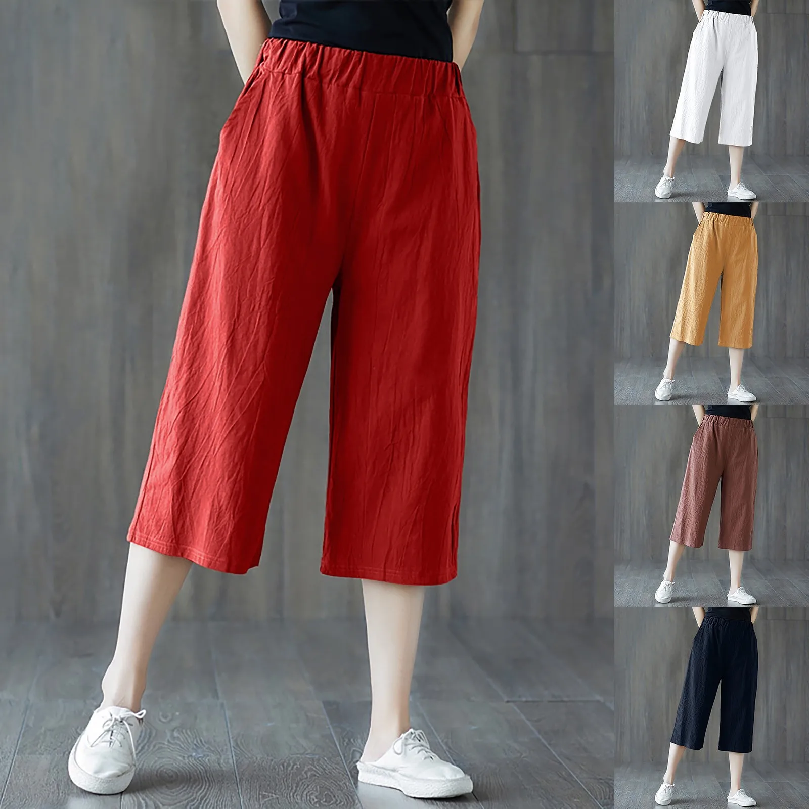 Women Solid Casual Pocket Wide Leg Pants Elastic Waist Loose Cropped Summer Outfits casual sports pants