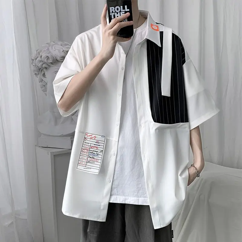 Men Shirts Turn-down Collar Button Patchwork Asymmetrical Short Sleeve Loose Fashion Streetwear Summer Thin