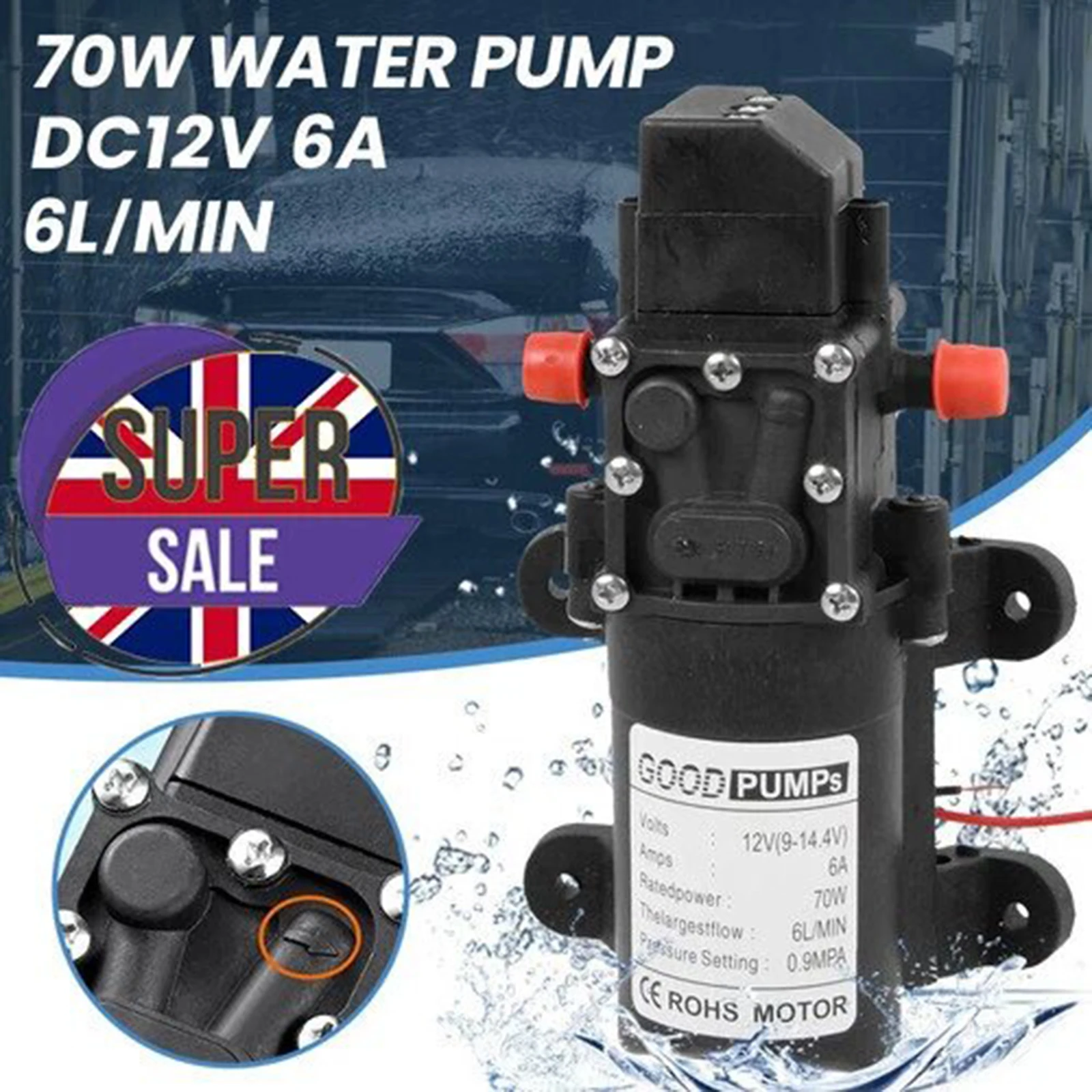 12V Water Pump 6L/Min RV Caravan 70W High Pressure Diaphragm Self Priming Pump