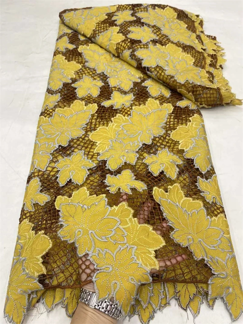 

2024 Latest Nigerian Guipure Cord Lace Fabric High Quality African French Lace Fabric For Women Wedding Party Dress Sew Yellow