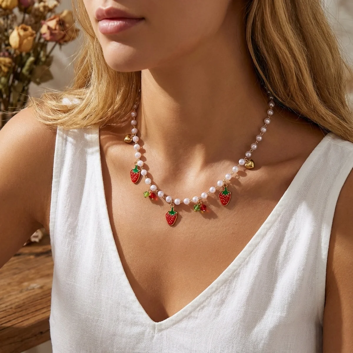 Trendy Sommer Rote Erdbeere Anhänger Halskette Für Frauen Männer Barock Imitation Perle Metall Seestern Conch Bogen Sonne Halsband Schmuck – Detail 12