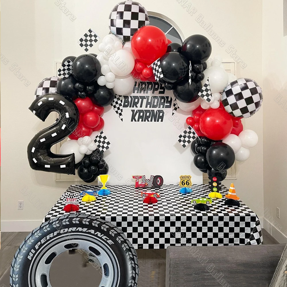 Sursurprise Decorazioni a tema corsa per il 1° compleanno, kit con ghirlanda di palloncini e arco con sfondo, auto da corsa vintage Fast One, forniture per feste di compleanno per ragazzi