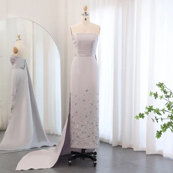 Luxury Crystal Dubai Gray Arab Evening Dress for Women Wedding Midi Formal Party Gowns with Train Ankle Length 415 2