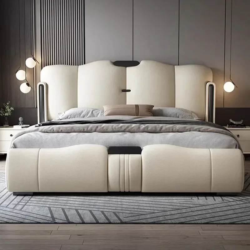 

Nordic Modern Headboard Double Bed Waterproof Luxury Salon King Double Bed Frame Genuine Leather Cama Casal Household Products