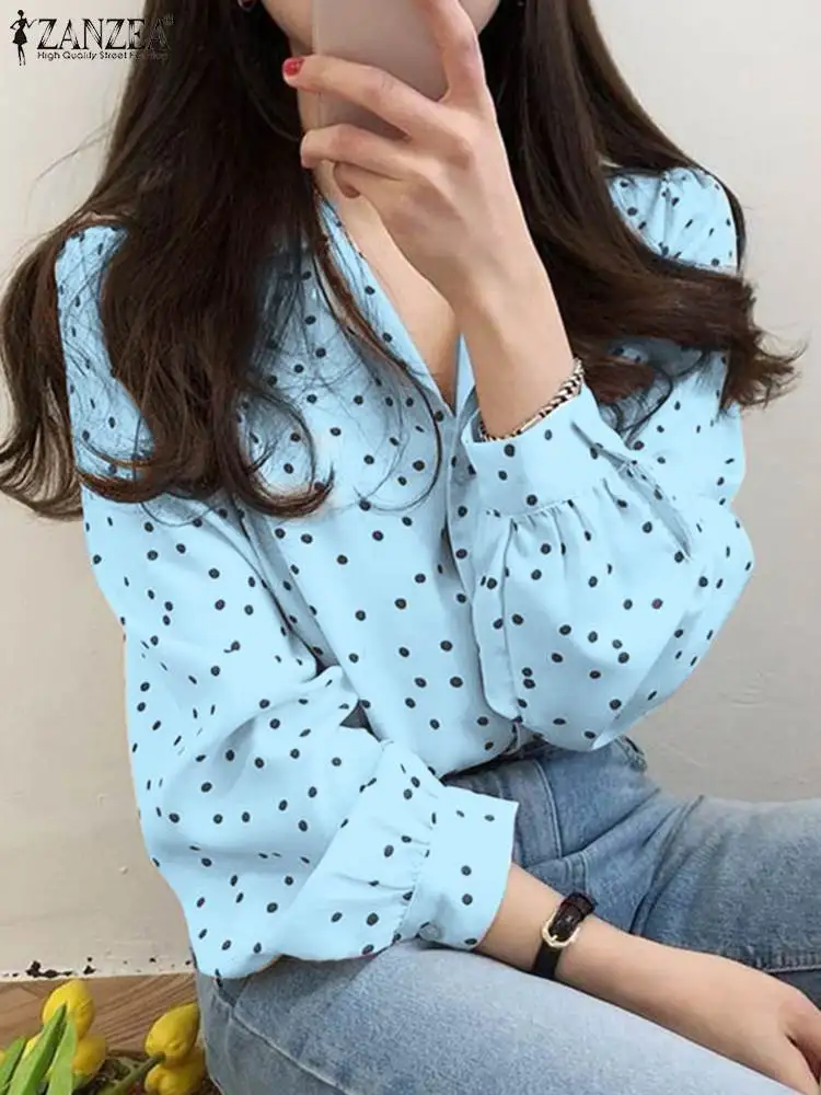 

ZANZEA Polka-dot Print Blouse 2023 Autumn Women Elegant Long Lantern Sleeve Shirt Office Lapel Neck Pleats Tops Female Blusas