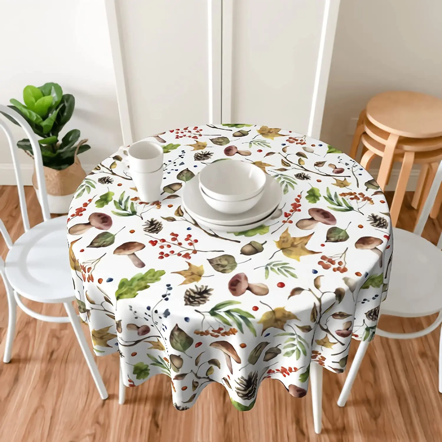 WatercolorMushroomRoundTableClothAutumnForestFallLeaves