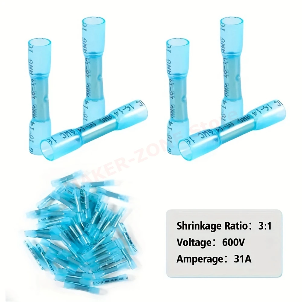 100Pcs of Blue Red Heat Shrink Butt Connector 16-14 22-16 AWG Insulated Waterproof Marine Automotive Wire Crimp Terminal