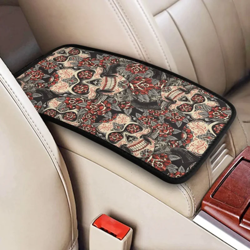 

32x19cm Car Armrest Cover Mat Leather Skull And Roses Sugar Skull Center Console Cover Pad Amexican Traditional Car Accessories