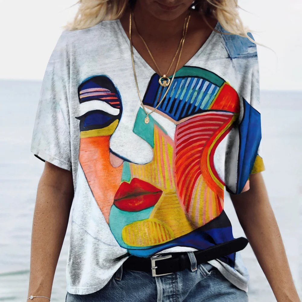 Vintage Women's T-shirt V-neck Fashion Top Abstract Face Print Street Style Oversized Shirt Everyday Casual Short Sleeve T-shirt