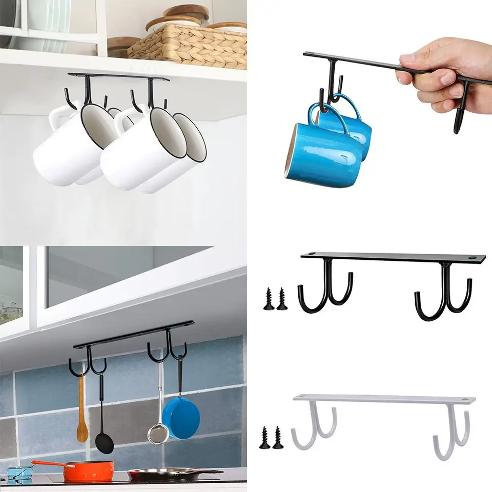 Ferro 6 Ganci Scaffale Armadio Armadio Metallo Sotto Ripiani Tazza Portabicchieri Bagno Cucina Organizer Porta Rack 2021,Nero,6ganci