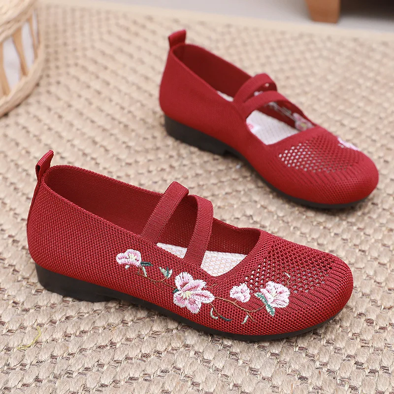 Women's National Style Floral Embroidery Ballet Flats Foldable Mesh Bohemia Walking Beach Lightweight Breathable Shoes Woman