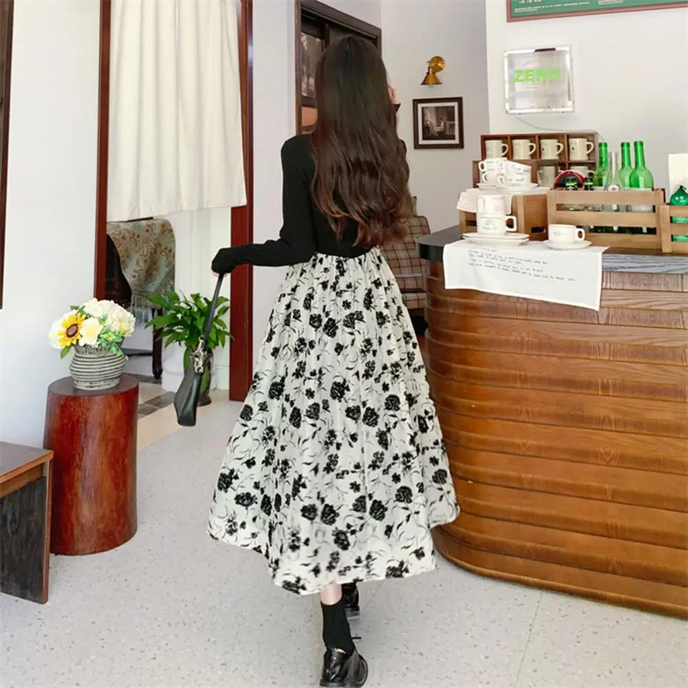 

Fall Spring Dress Floral Print V Neck Midi Dress for Women A-line Loose Hem Patchwork Button Decor Soft Breathable Spring Fall