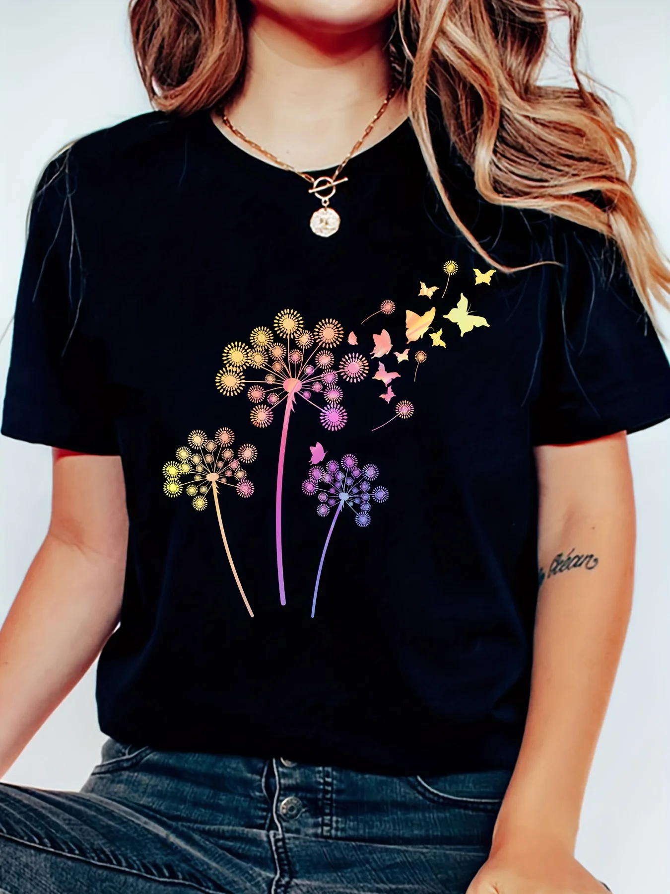 

Gradient Color Dandelion Butterfly Graphic Crew Neck Sports T-shirt, Casual Loose Short Sleeves Tops, Women's Activewear