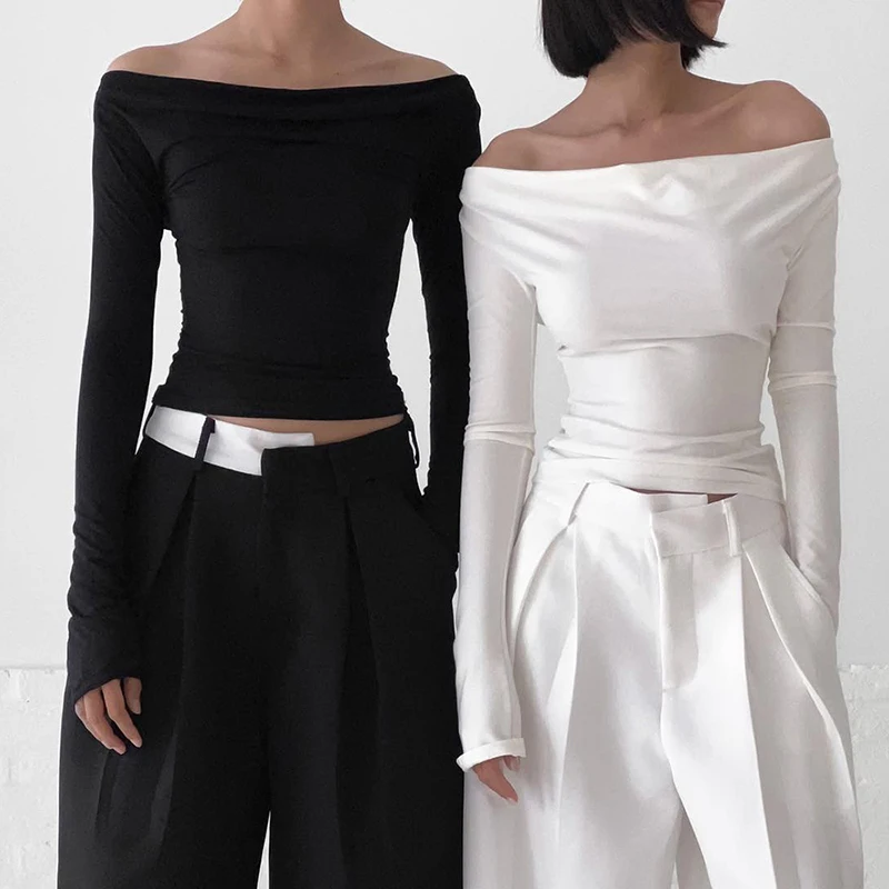 Irregular Swing Collar Ruched Off Shoulder Crop Vest Long Sleeve Backless Strappy Women Casual Tops Streetwear In Autum