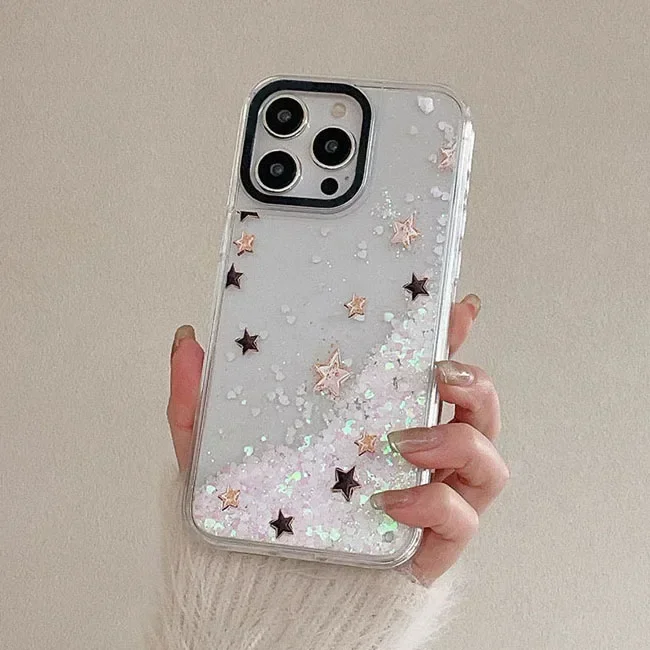 

Cloud Moon Star Transparent Border Silver Quicksand Phone Case Cover for iPhone 12 13 14 15 Pro Max Case for IPhone 14 Pro
