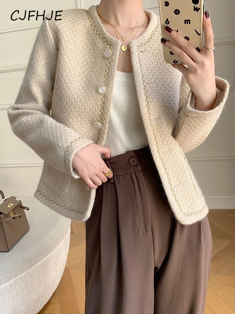 

CJFHJE Sweet French Tweed Jacket Women Elegant High Quality Chic Buttons Coat Casual O Neck Long Sleeve Design Female Simple Top