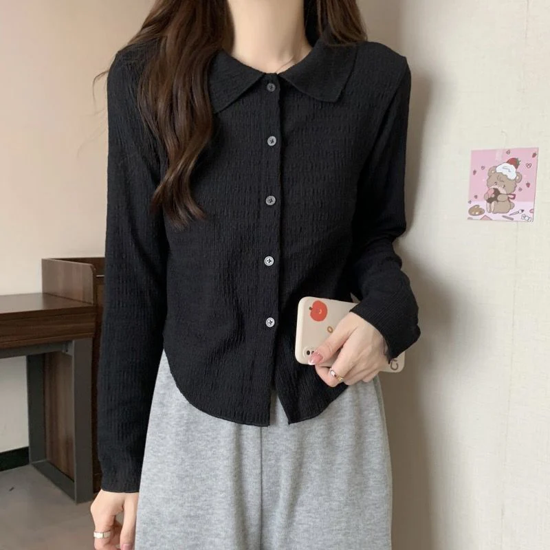Camisa rosa Rimocy con cuello vuelto y botones para mujer, blusa informal coreana de color liso, camisas de manga larga de gasa que combinan con todo.