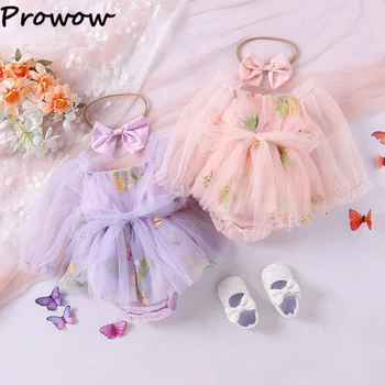 Prowow 0-24M Baby Girl Bodysuit For Infants Bowknot Sweet Mesh Princess Birthday Dresses For Newborns Girls Summer Clothes 2024 1
