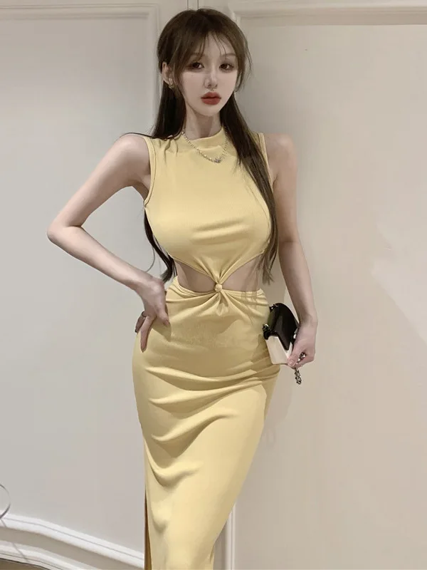 

Fashion Spice Girl New Hollow Out Elegant Mature Bold Solid Colour Sexy Dress Waist Slim High Waist Split Mid-length Dress UUM7