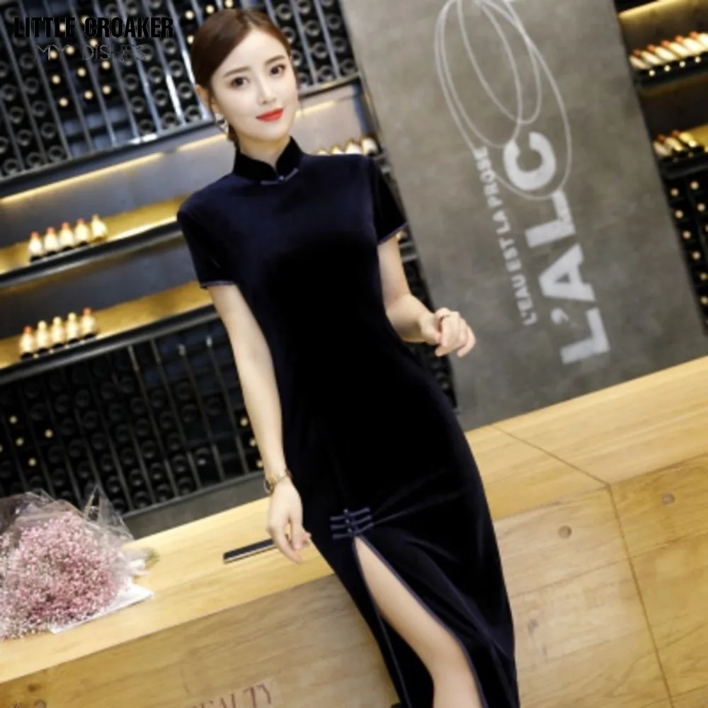Women Qipao Black Velvet Cheongsam Young Girl's Improved Retro Chinese Style Fashion Long Dress Autumn Asian Dresses for Women