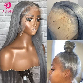 Silver Grey Straight Lace Front Wig Remy Human Hair 613 Colored HD Transparent Lace Frontal Wigs for Women Glueless Pre Plucked