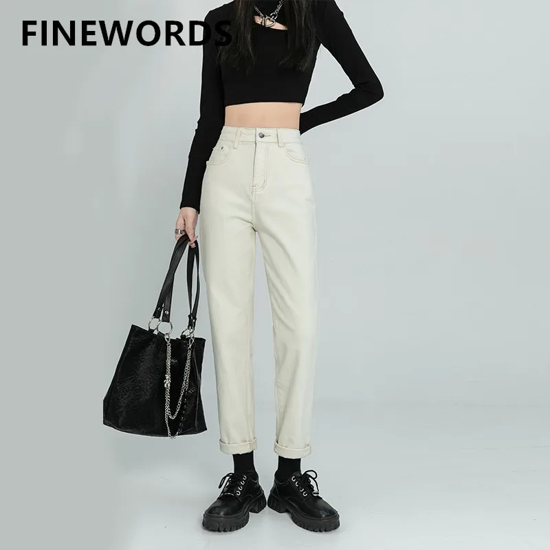 

FINEWORDS Autumn High Waist Korean Apricot Harem Jeans Women Casual Streetwear Boyfriend Jeans Vintage Winter Solid Mom Jeans