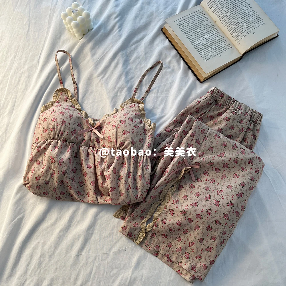 가슴 패드 잠옷 여성 여름 달콤하고 귀여운 꽃 슬링 홈 웨어 여름 짧은 소매 바지 여름 세트 