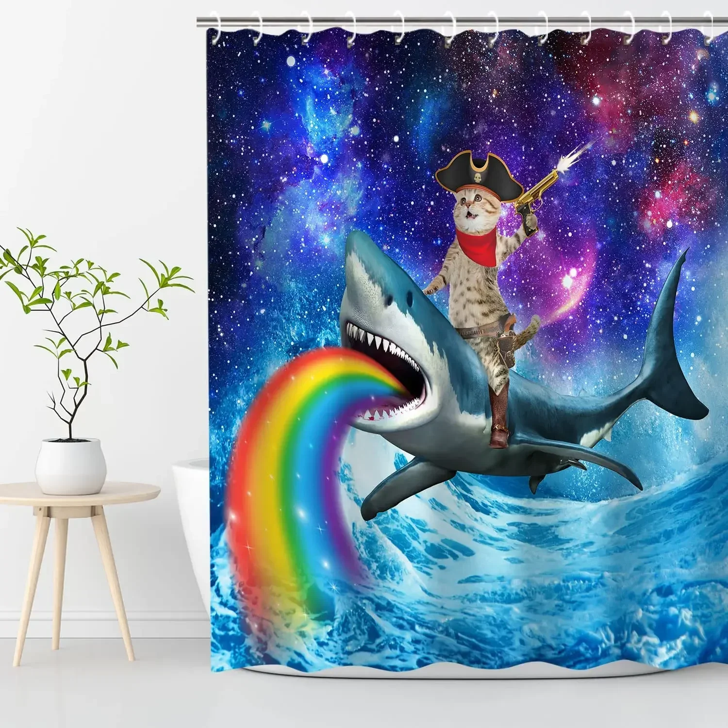 

Funny Cat Shower Curtains Sea Waves Sharks Fantasy Starry Sky Creative Kids Bath Curtain Polyester Fabric Bathroom Decor Hooks