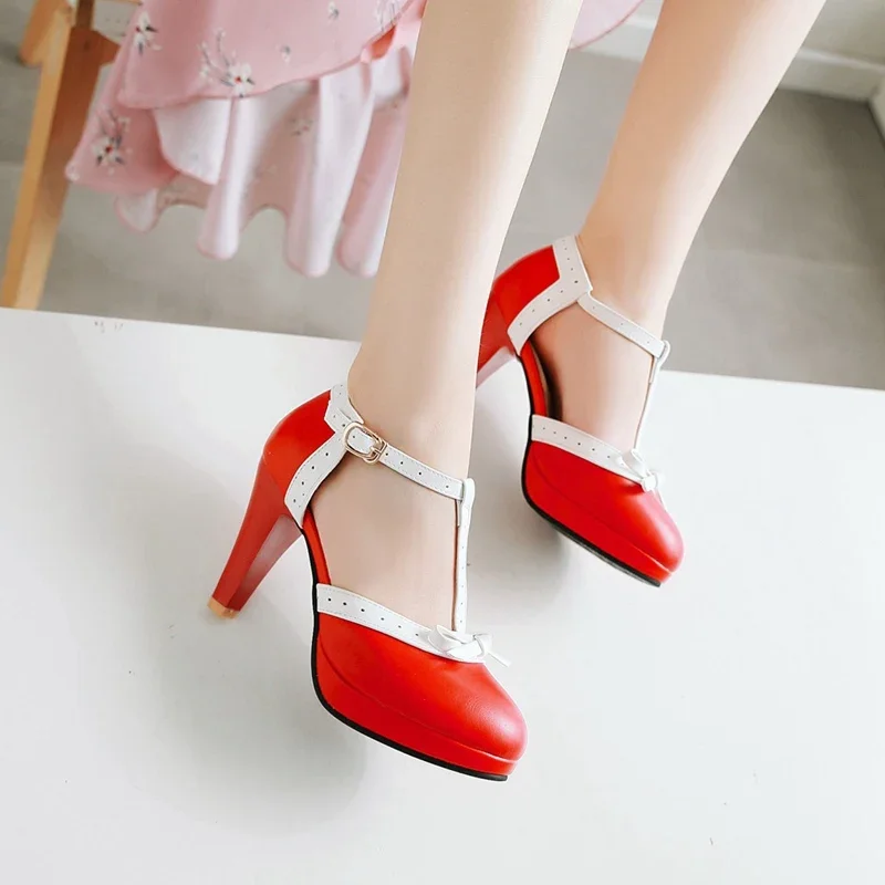 Plus Size 44 High Heel Shoes Round Toe Heel Pumps Women's Platform Pumps with Bow Party Wedding Footwear T Strap women shoes