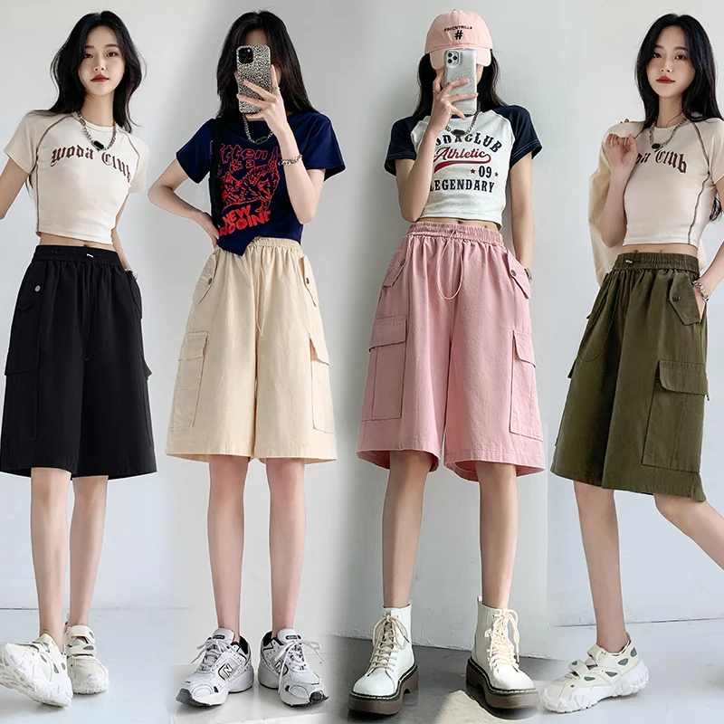 

Drawstring Women Cargo Shorts Casual Loose Pockets Patchwork Elastic High Waist Solid Simple All-match Half Length Short Pants