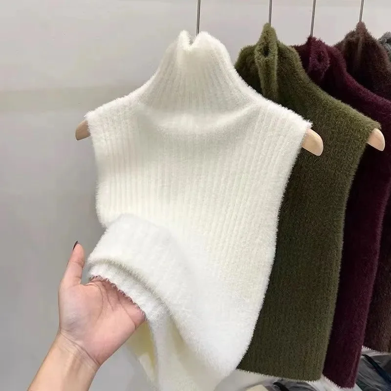 

New Fashion Autumn And Winter Imitation Mink Velvet Slim Sweater Vest Women's High-necked Bottoming Shirt With Knitted Vest Tops