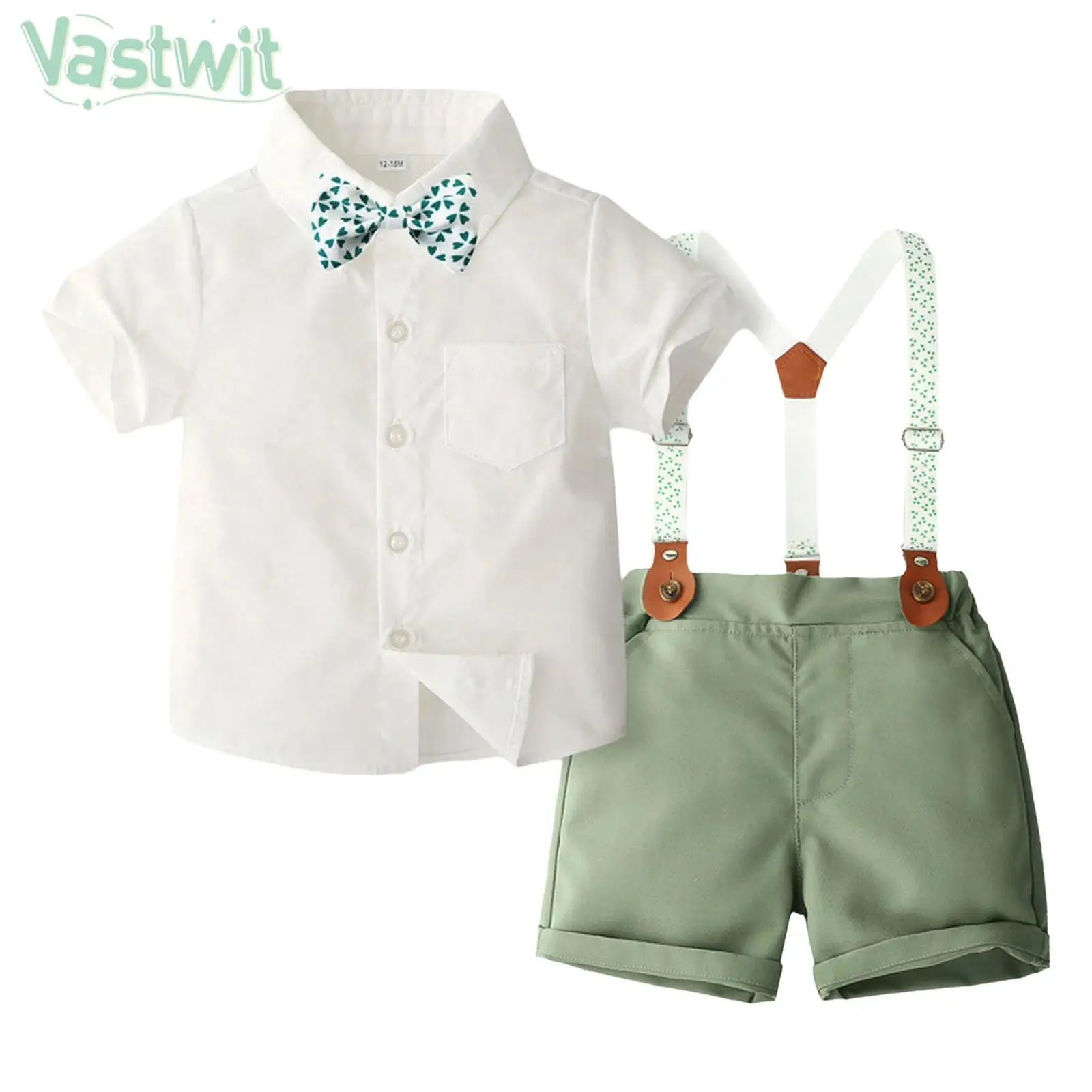 

Toddler Boys British Style Gentleman Suit Birthday Wedding Party Formal Set Short Sleeve Shirt with Bow Tie Suspender Shorts