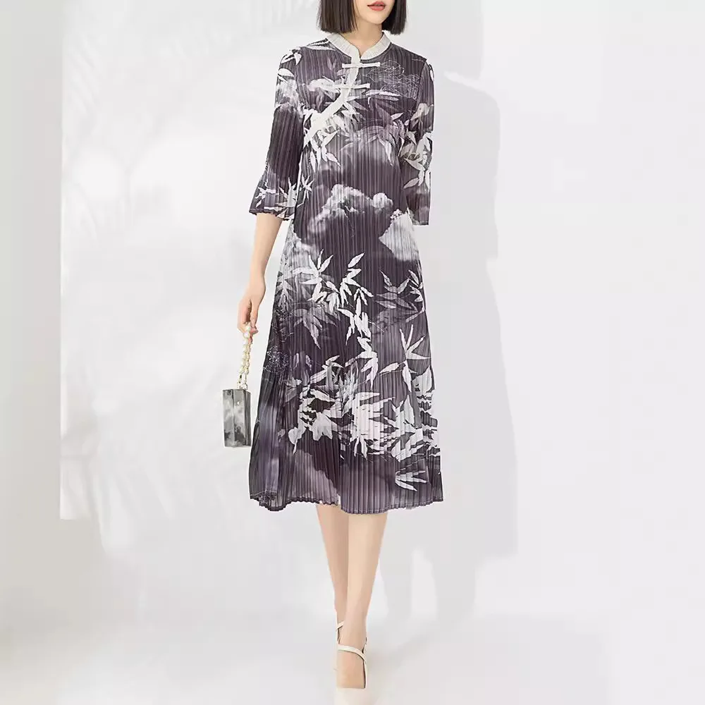 

Miyake Original Pleated Retro Printing Cheongsam Paragraph Dress Women 2024 Spring New Flared Sleeves Collar Plate Dresses