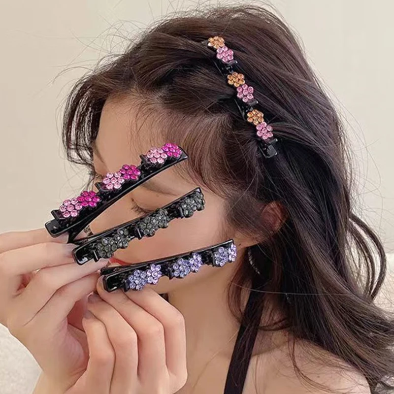 Korean Colorful Bangs Fixed Crystal Flowers Hair Clips Braid Hairpins
