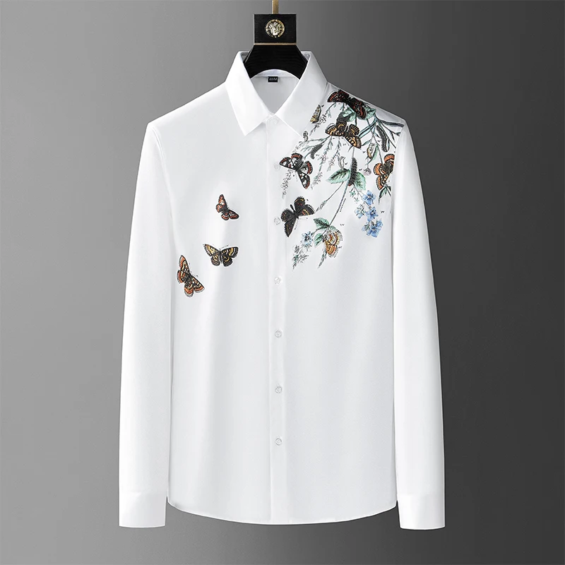 

Fashion Hot Diamond Butterfly Print Long Sleeve Shirt Men's autumn new high-quality leisure luxury top