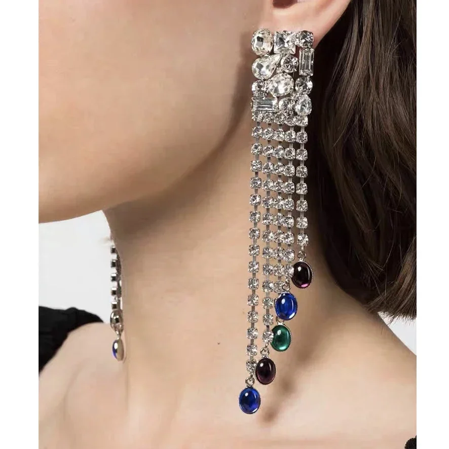 

Top Quality Famous Designer Brand Colorful Crystal Tassels Ear Clip Earrings Woman Luxury Jewelry Trend