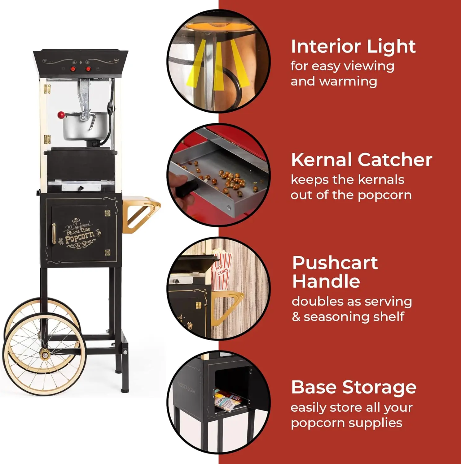 Popcorn Maker Machine Professional Cart With 8 Oz Kettle Makes Up to 32 Cups Vintage Popcorn Machine Movie Theater Style