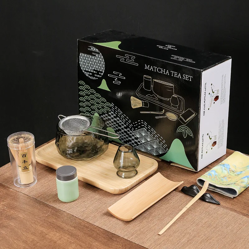 BespritGift Hot Selling Modern Style 10 Pieces Tea Whisk Set Glass Bowl Bamboo Chasen Matcha Tool Set Gift Box for Tea Drinking