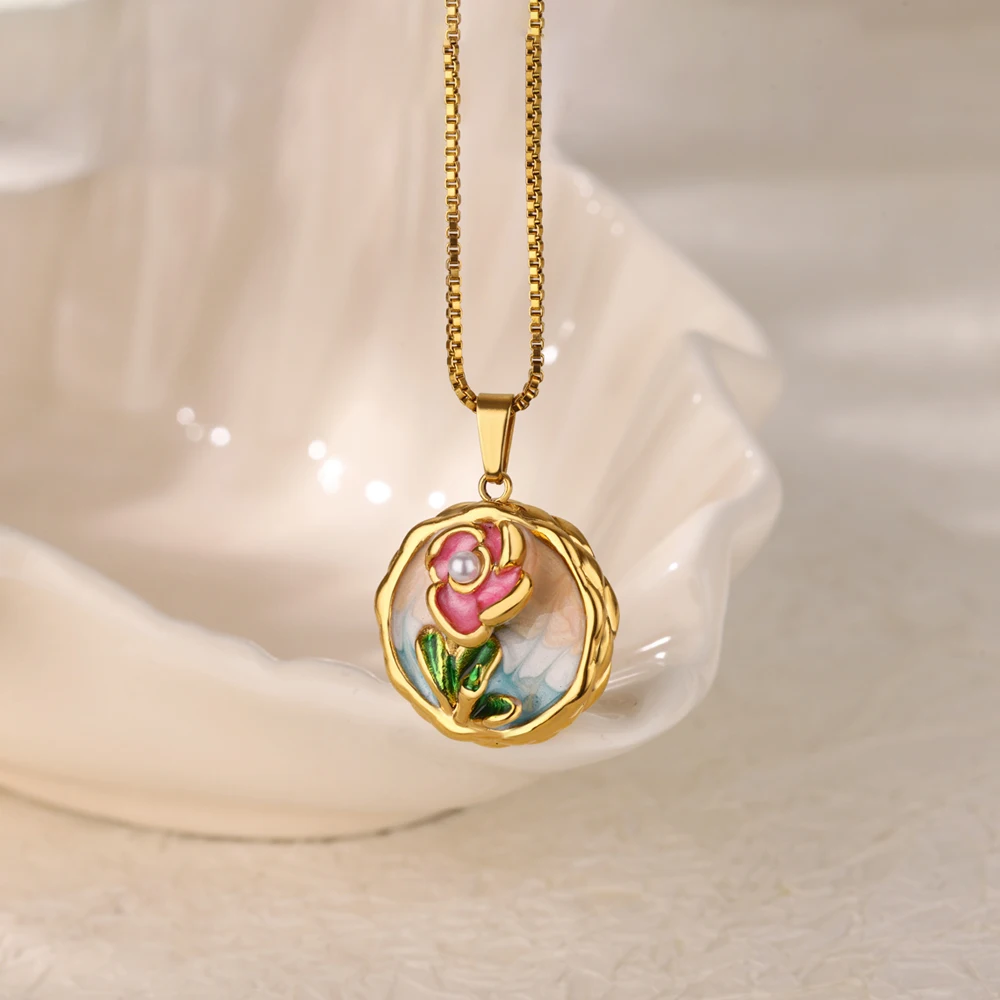 Imitation Pearl Necklaces Oil Dripping For Women Gold Stainless Steel Jewelry
