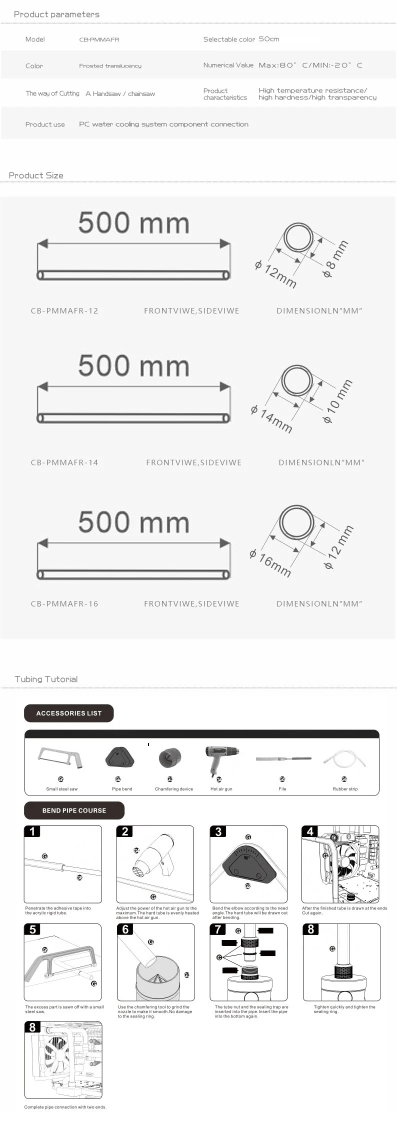 água, comprimento do Transperant 50cm, PETG, PMMA,