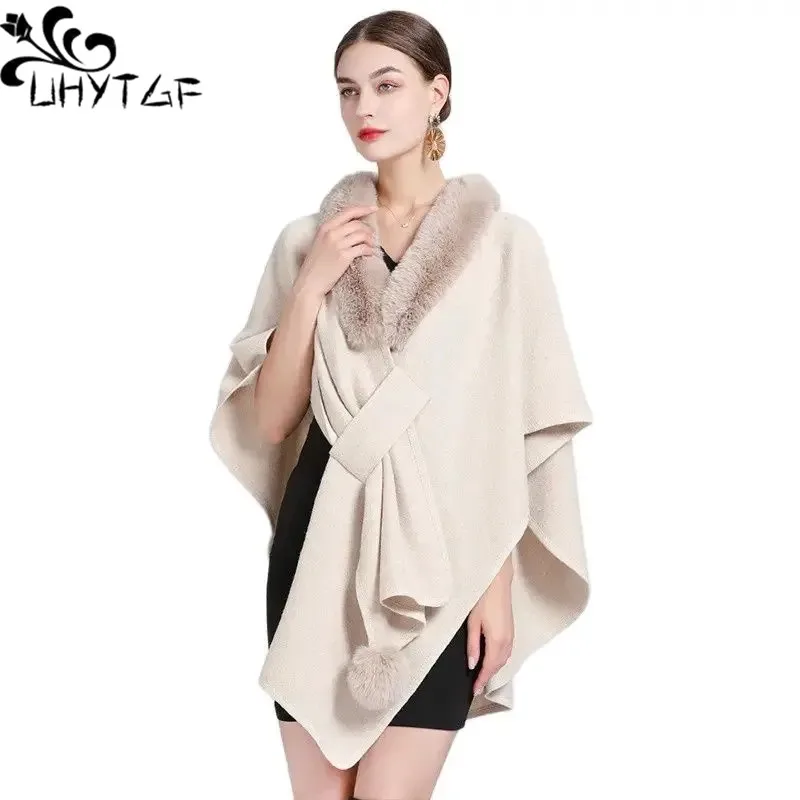 

2023 New Outerwear Faux Rabbit Fur Collar Poncho Woolen Jacket Women Loose Knit Cape Cardigan Coat Female Solid Color Shawl 2406