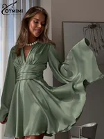 Oymimi Fashion Green Satin Women's Dress Elegant Deep V-Neck Long Sleeve Dresses Autumn High Waist Pleated Mini Dresses Female - Image 2
