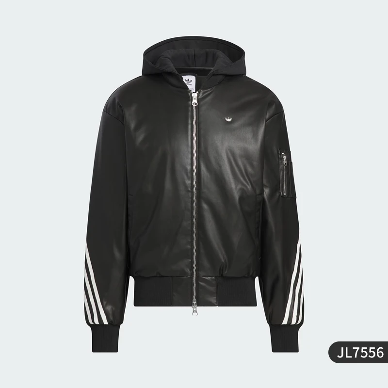 新品M adidasレザーHoodieジャケット JL7556 Adidas Originals Men's Faux Leather Sporty Hooded Jacket JL7556