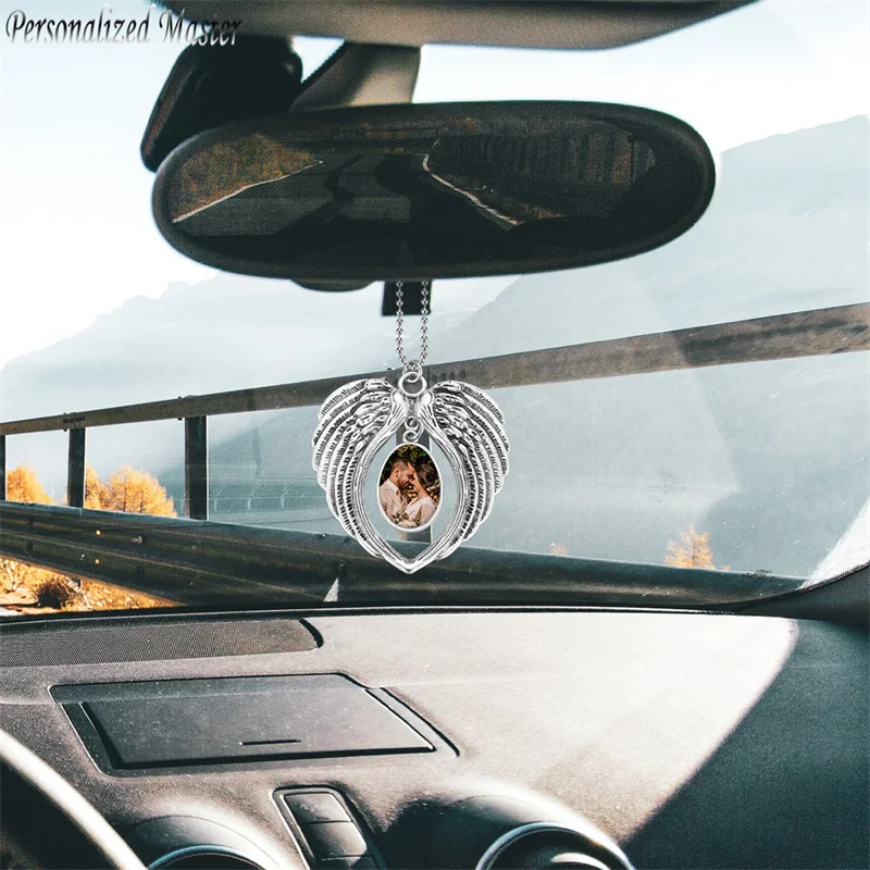 Personalizzato Master Custom Photo Car Hanging Ornament Incisione Picture Water Drop Angel Wings Per Accessori Per Specchietti Retrovisori