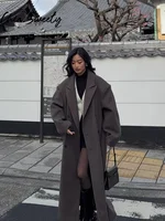 Urban Women Wool Long Coat Casual Full Sleeve Lapel Doube-Breasted Female Coats 2025 Autumn Winter Casual Lady Streetwear 1