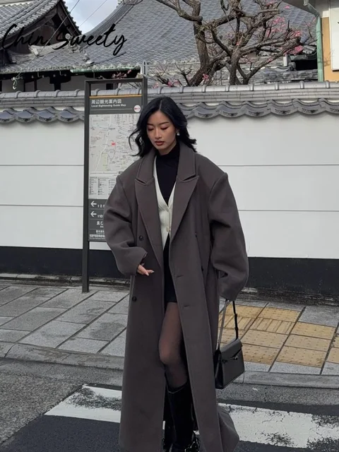 Urban Women Wool Long Coat Casual Full Sleeve Lapel Doube-Breasted Female Coats 2025 Autumn Winter Casual Lady Streetwear 1